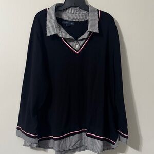 Tommy Hilfiger Black V-Neck Sweater with Checkered Collar